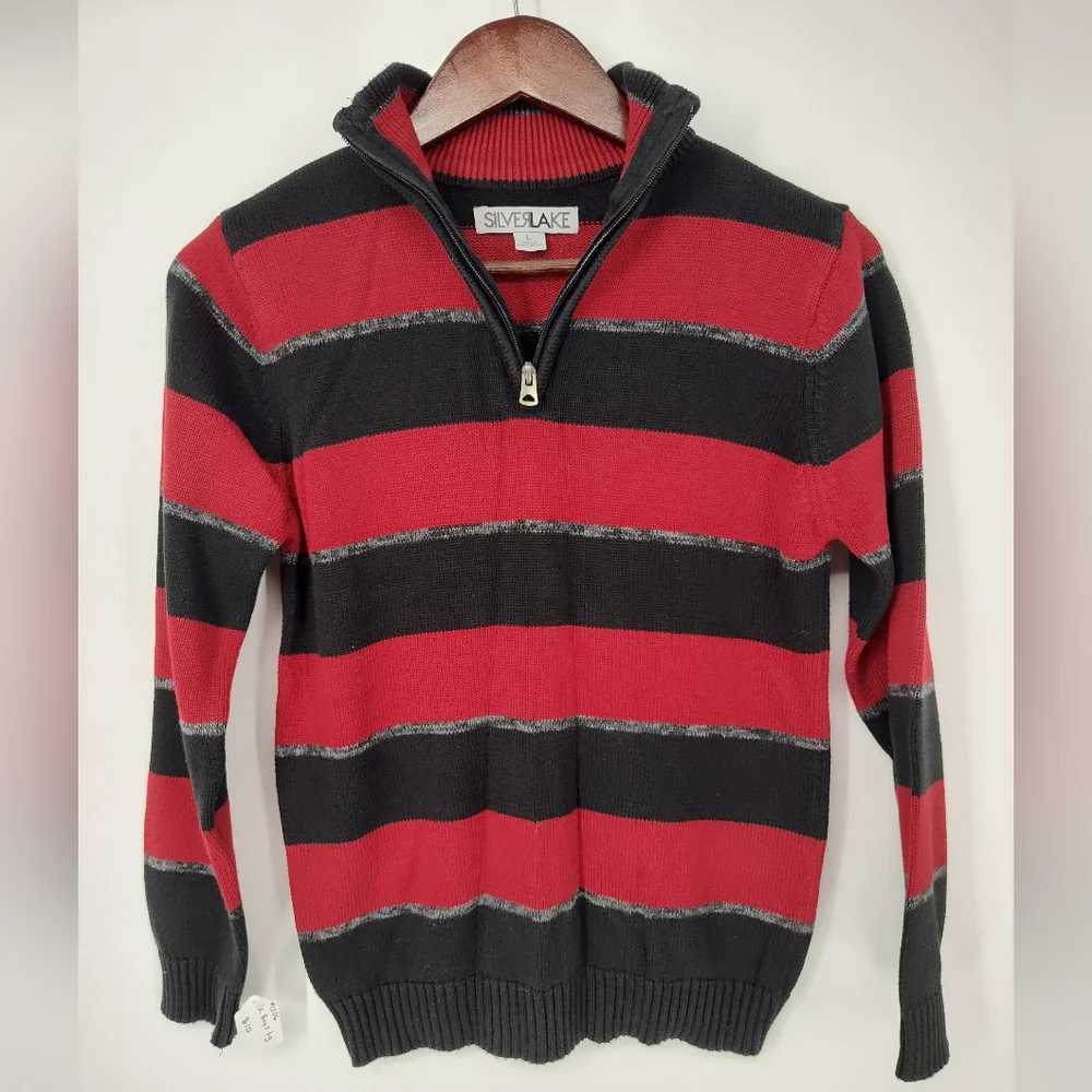 Silver Lake Boys Red and Black Striped Quarter Zip Sweater Size Large